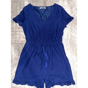 Mi Ami Navy Blue Eyelet Embroidered Romper V-Neck Scalloped Lace Hem Small